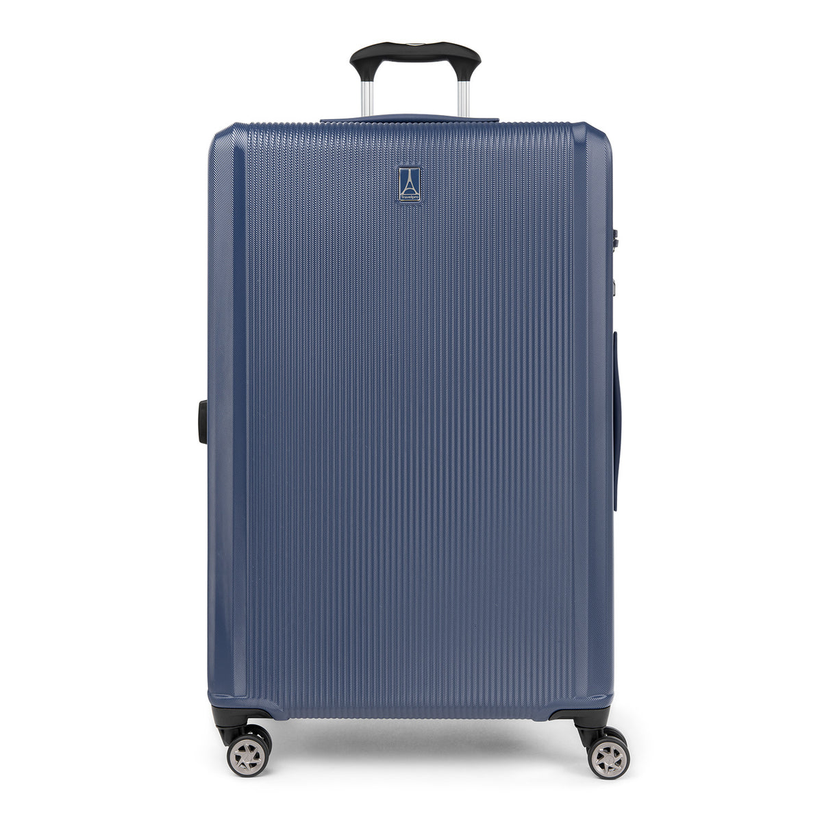 Front view of the Travelpro WAB6 Large Check-in Hardside Spinner in Blue, showing textured vertical rib design, four spinner wheels, and telescoping handle against a white background.