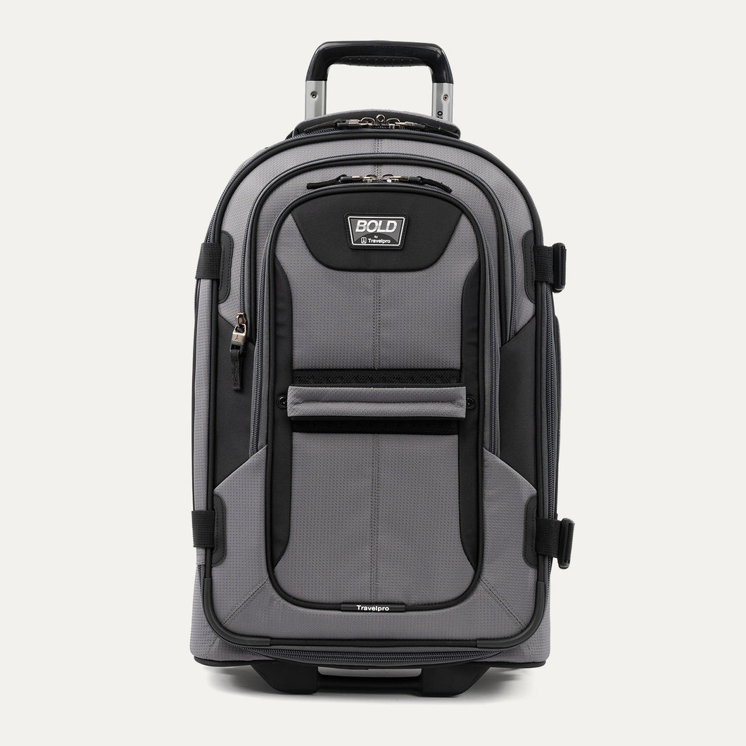 A gray and black Travelpro carry-on rollaboard luggage bag with telescopic handle, top and side carry handles