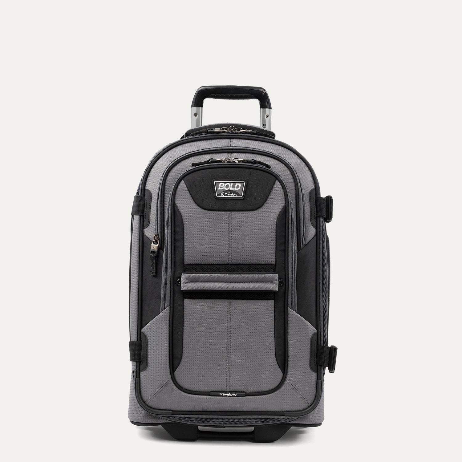 A gray and black Travelpro carry-on rollaboard luggage bag with telescopic handle, top and side carry handles