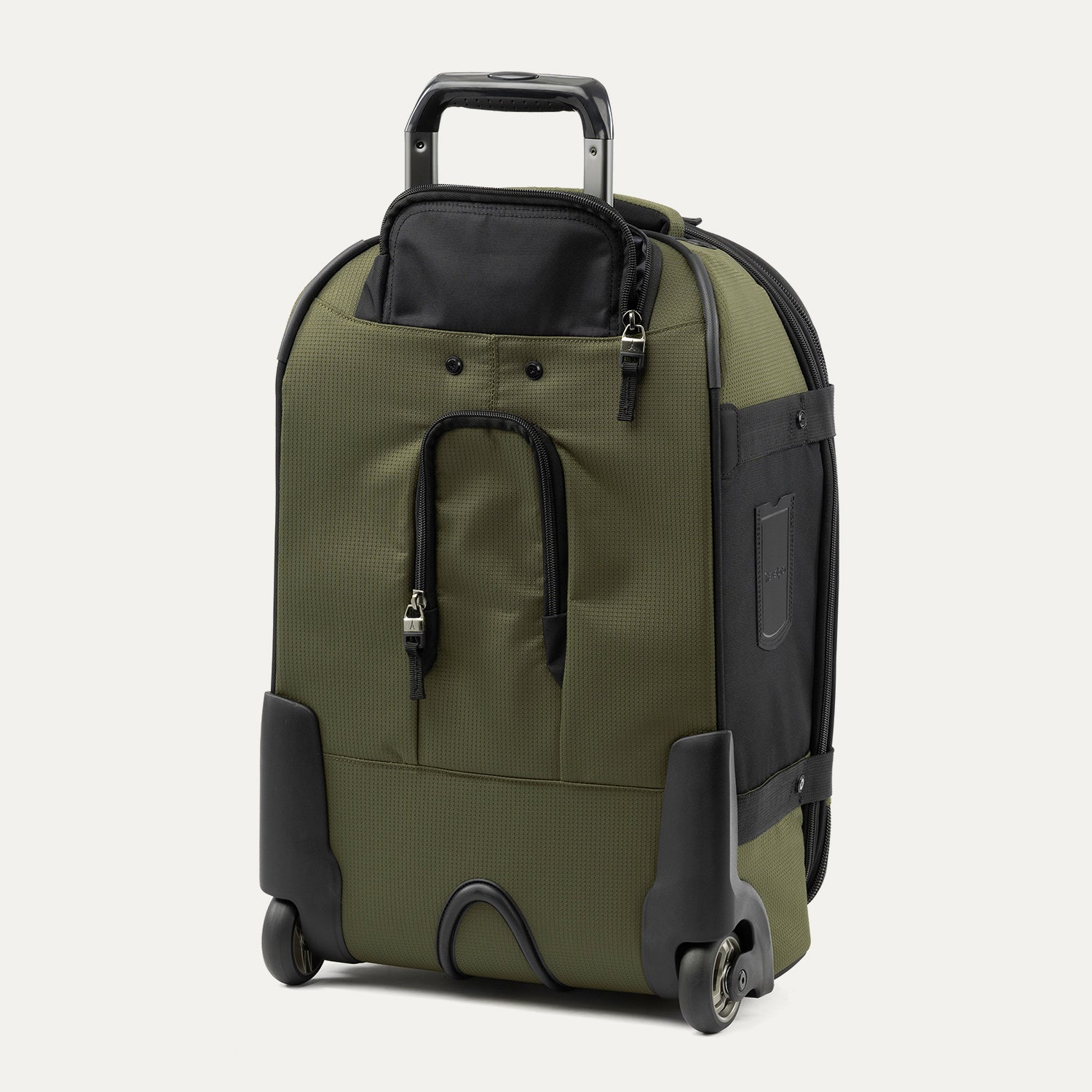 rear three-quarter view of the olive black bold by travelpro carry-on expandable rollaboard suitcase standing vertically, showing its protective skid guards, molded corner guards, reinforced wheel housings, two high-performance ball-bearing wheels, and extended telescoping handle.