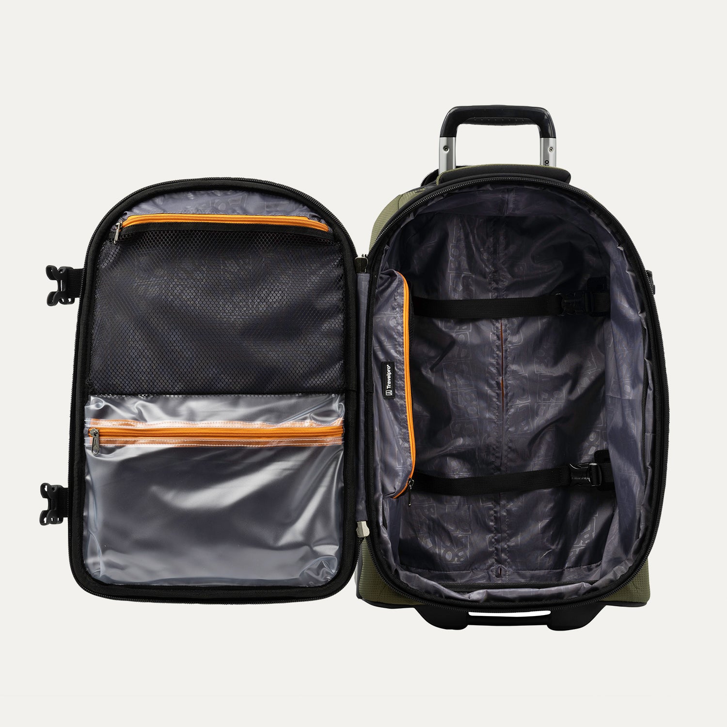 interior view of the open olive black bold by travelpro carry-on expandable rollaboard suitcase showing a spacious main compartment with two adjustable hold-down straps, a large zippered mesh lid pocket, and a clear plastic wet pocket, all highlighted by vibrant orange zipper trim.