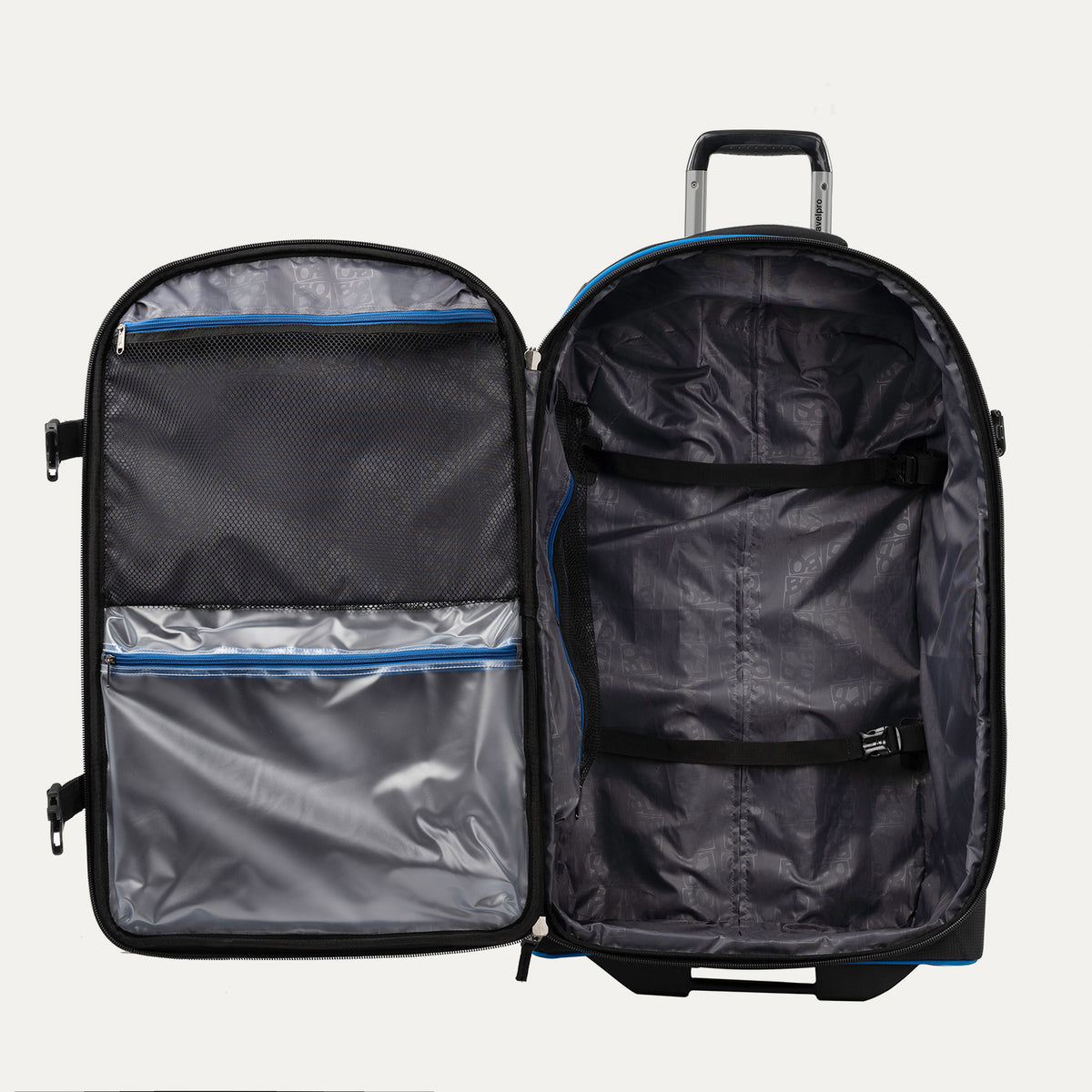 interior view of the open blue black bold by travelpro large check-in expandable rollaboard suitcase showing a spacious main compartment with two adjustable hold-down straps and a large zippered mesh lid pocket alongside a clear plastic wet pocket with blue zipper trim.