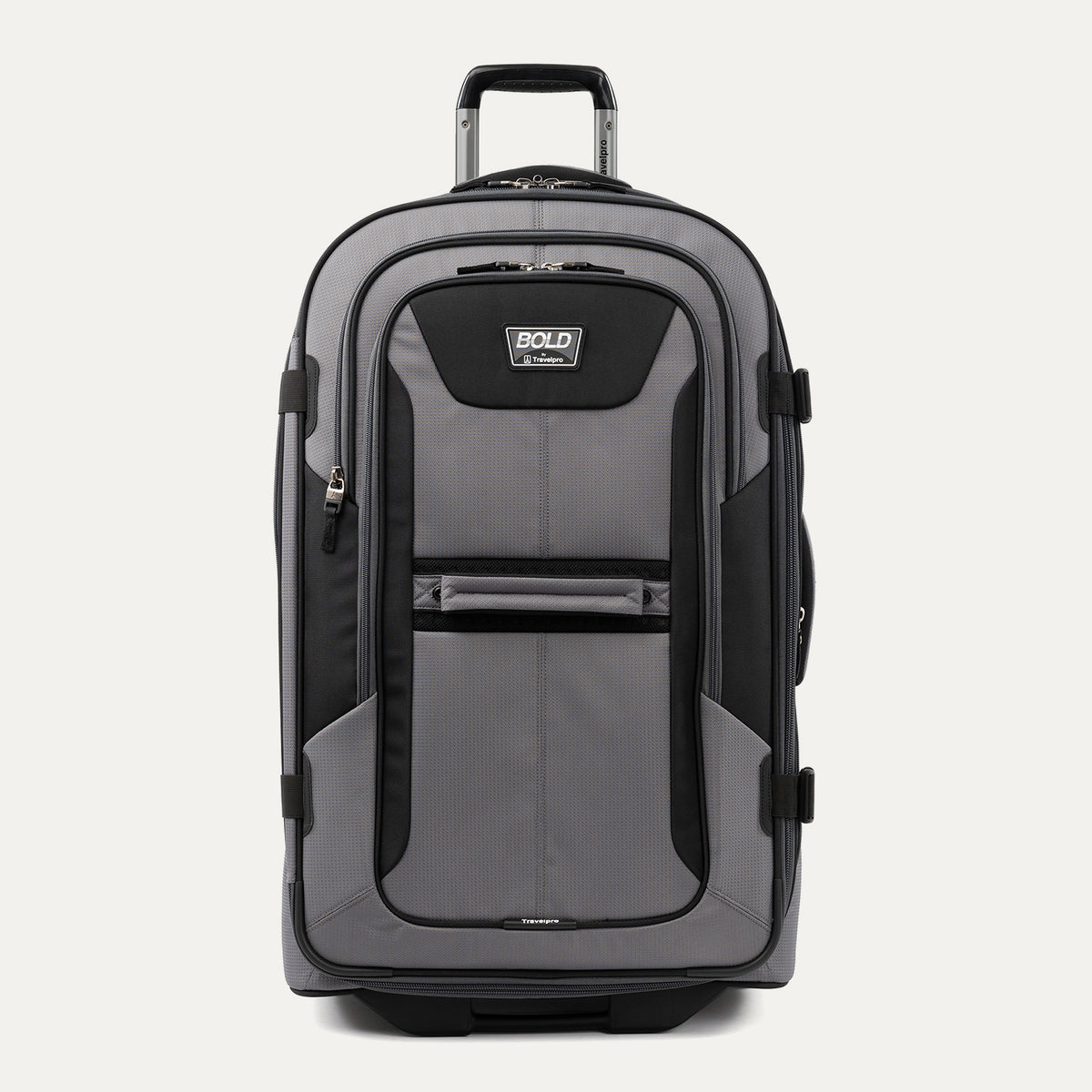 front view of the gray black bold by travelpro large check-in expandable rollaboard suitcase standing upright, showcasing its rugged black and gray polyester exterior, spacious front zippered pocket, sturdy rubberized carry handle, and extended telescoping aircraft-grade handle.