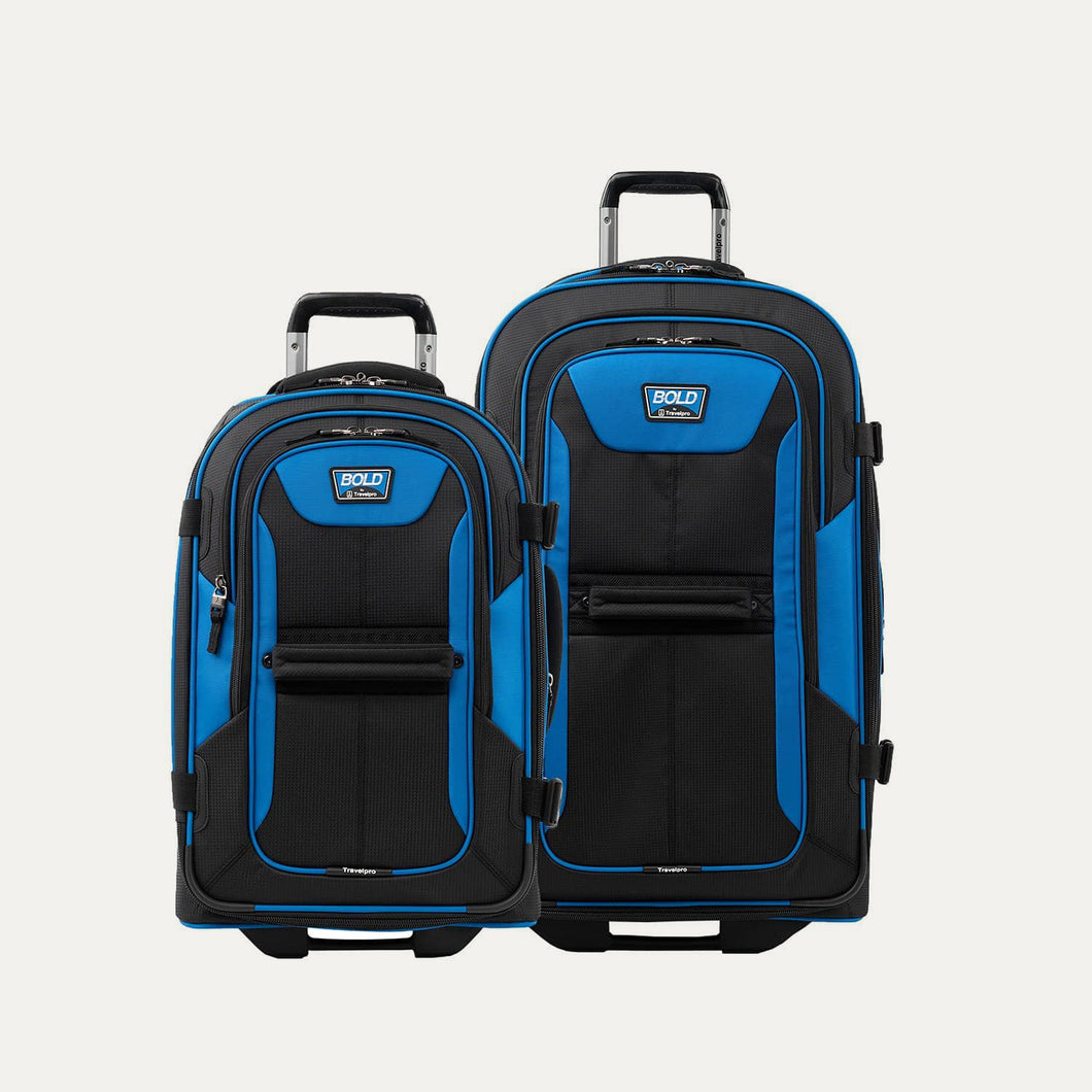 Front view of the Travelpro® BOLD™ by Travelpro® Carry-On and Large Check-In Rollaboard® Set in Blue Black, featuring durable construction, smooth-rolling wheels, and a sturdy telescoping handle