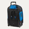 Slanted rear view of BOLD™ by Travelpro® Rollaboard® in blue and black, featuring smooth-gliding wheels and a retractable handle.
