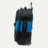 Side view of blue and black Bold™ by Travelpro® Rollaboard® with compression straps, wheel housing, and telescoping handle