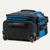  bottom view of the Travelpro® BOLD™ by Travelpro® carry-on in Blue Black, highlighting its durable inline wheels, reinforced bottom handle, and rugged base designed 