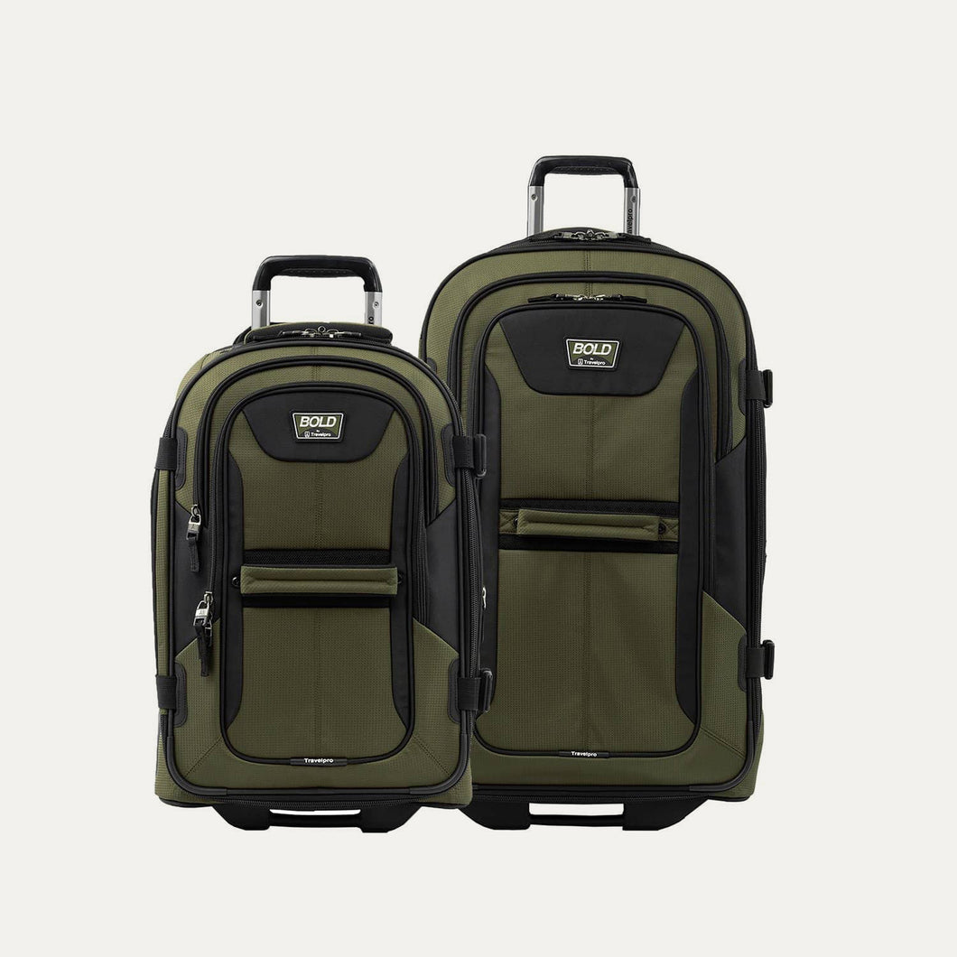 Front view of the Travelpro® BOLD™ by Travelpro® Carry-On and Large Check-In Rollaboard® Set in Olive Black, featuring durable construction and smooth-rolling wheels.
