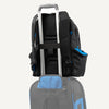 Black and blue backpack stacked on top of a suitcase 