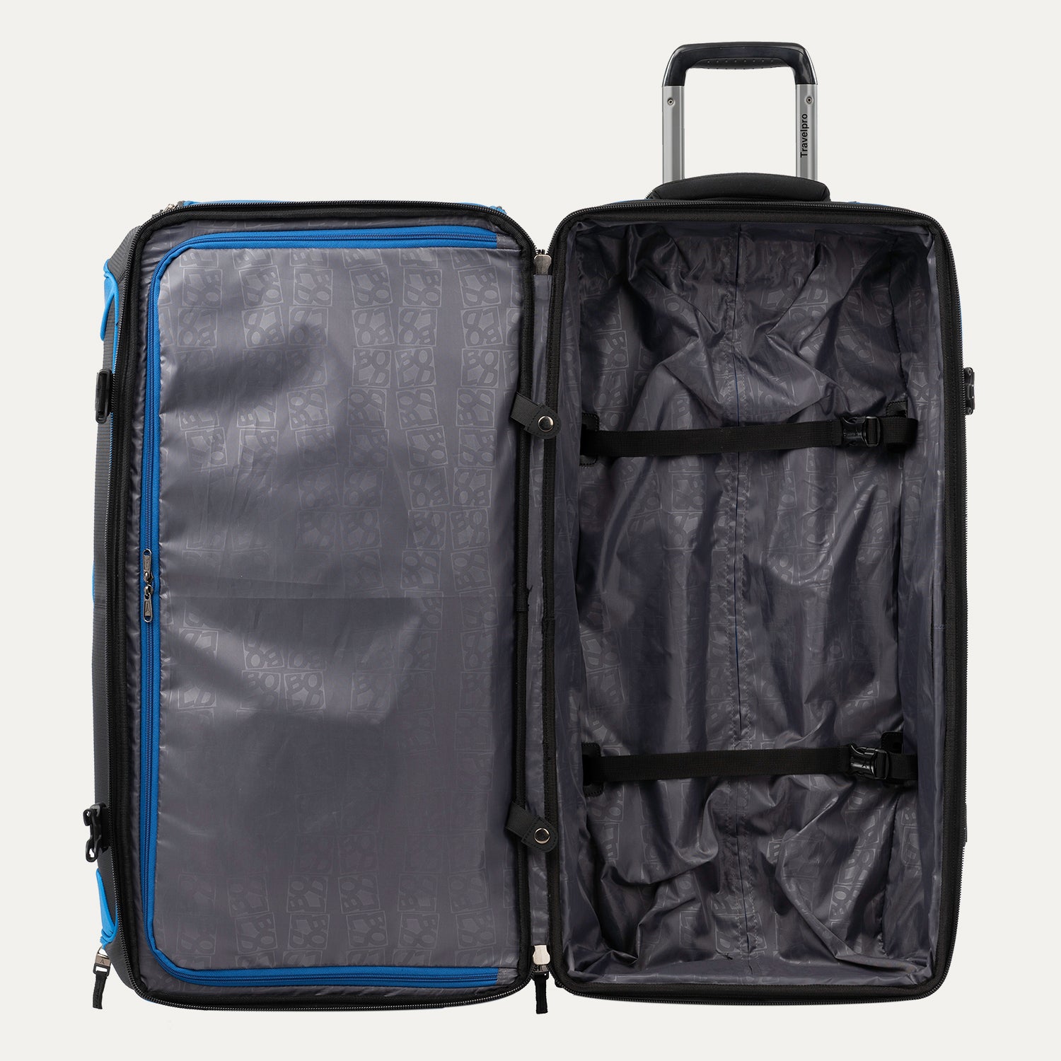 interior view of the open blue black bold by travelpro large check-in drop-bottom rolling duffel bag showing the spacious main compartment with two adjustable tie-down straps and a large zippered mesh pocket on the inside lid.