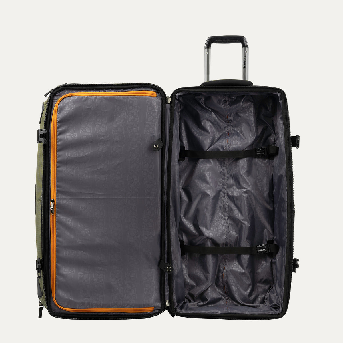 interior view of the open olive black bold by travelpro large check-in drop-bottom rolling duffel bag showing the spacious main compartment with two adjustable tie-down straps and a large zippered mesh pocket with bright orange trim on the inside lid.