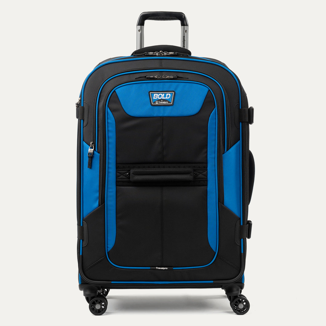 Front-facing Travelpro Bold Check-In Expandable Spinner in Blue and Black