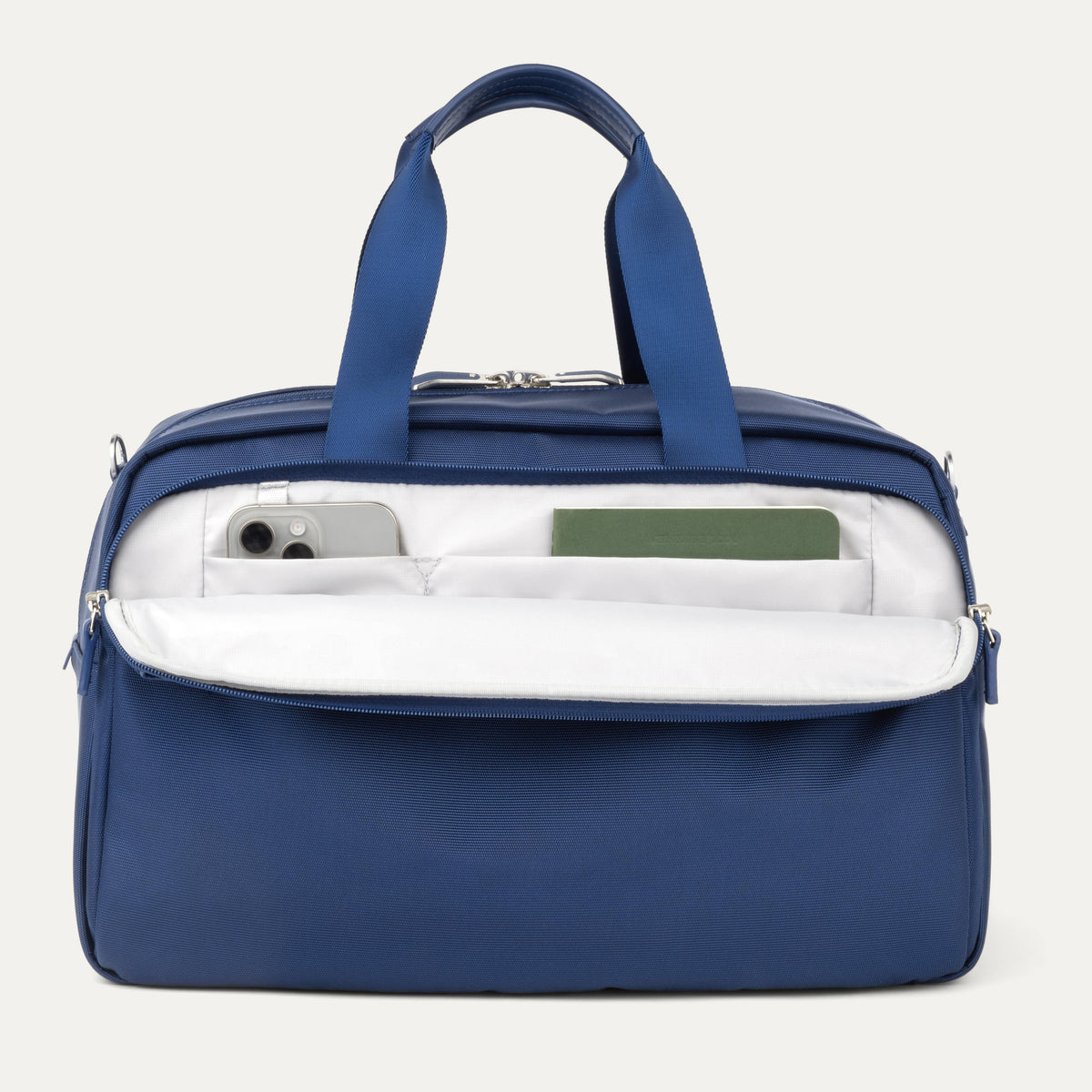 Front Pocket of VersaPack+ UnderSeat Travel Tote with Trolley Sleeve in Blue