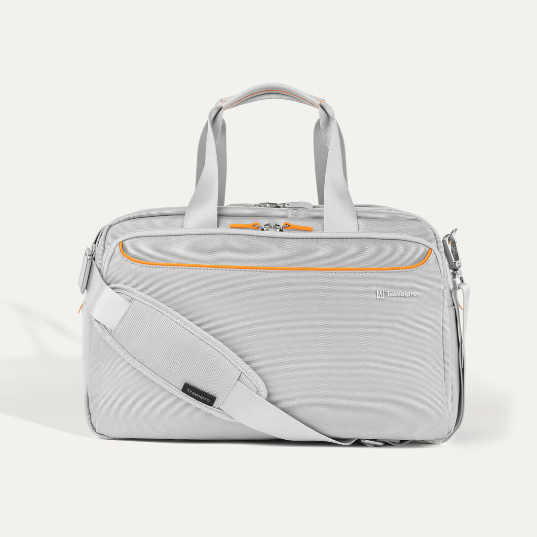 Front of VersaPack+ UnderSeat Travel Tote with Trolley Sleeve in Silver with Orange Trim