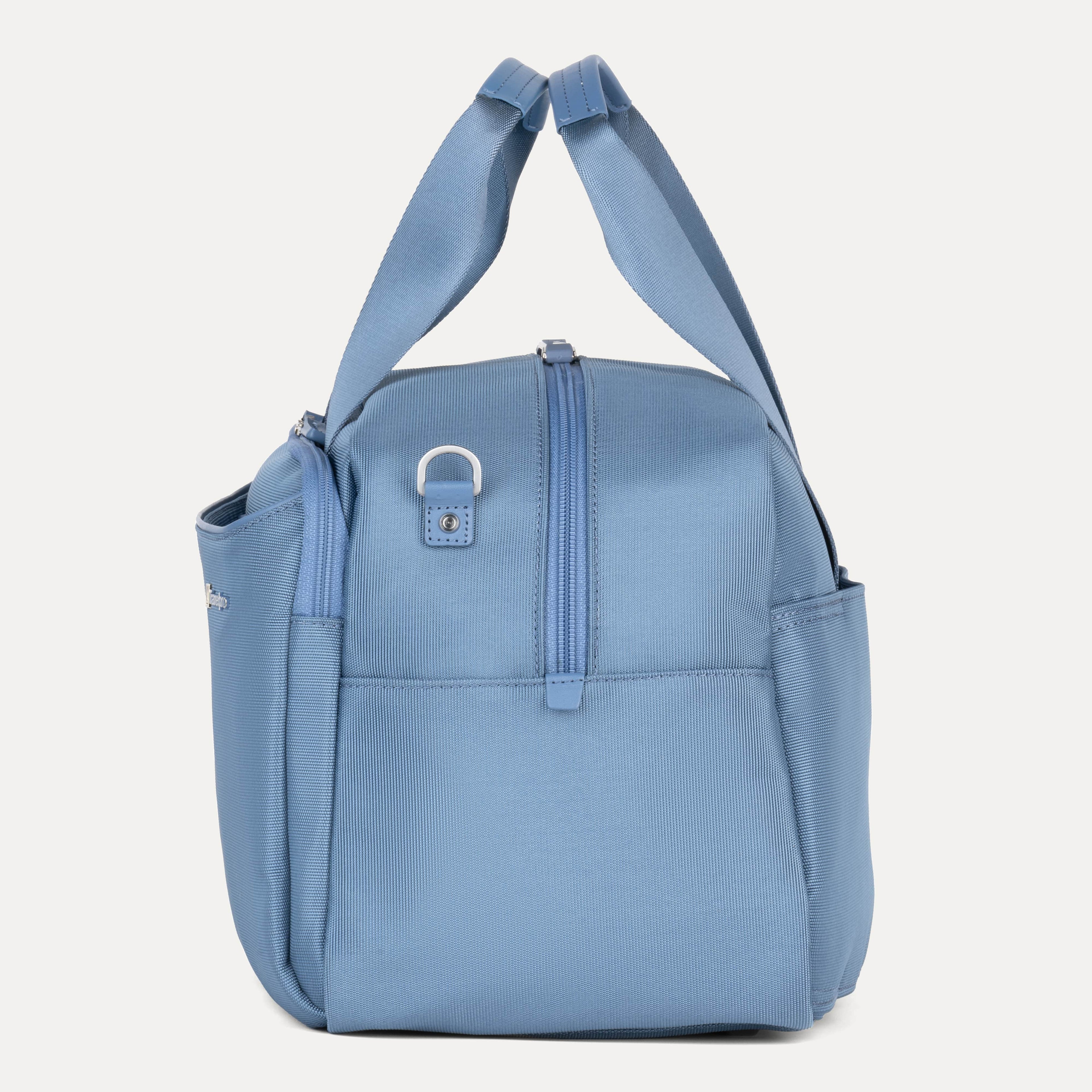 Side of VersaPack+ UnderSeat Travel Tote with Trolley Sleeve in Baby Blue