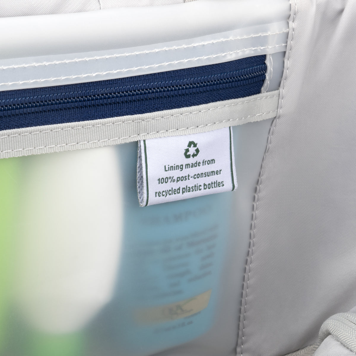 Label on a product indicating recycled plastic bottle lining