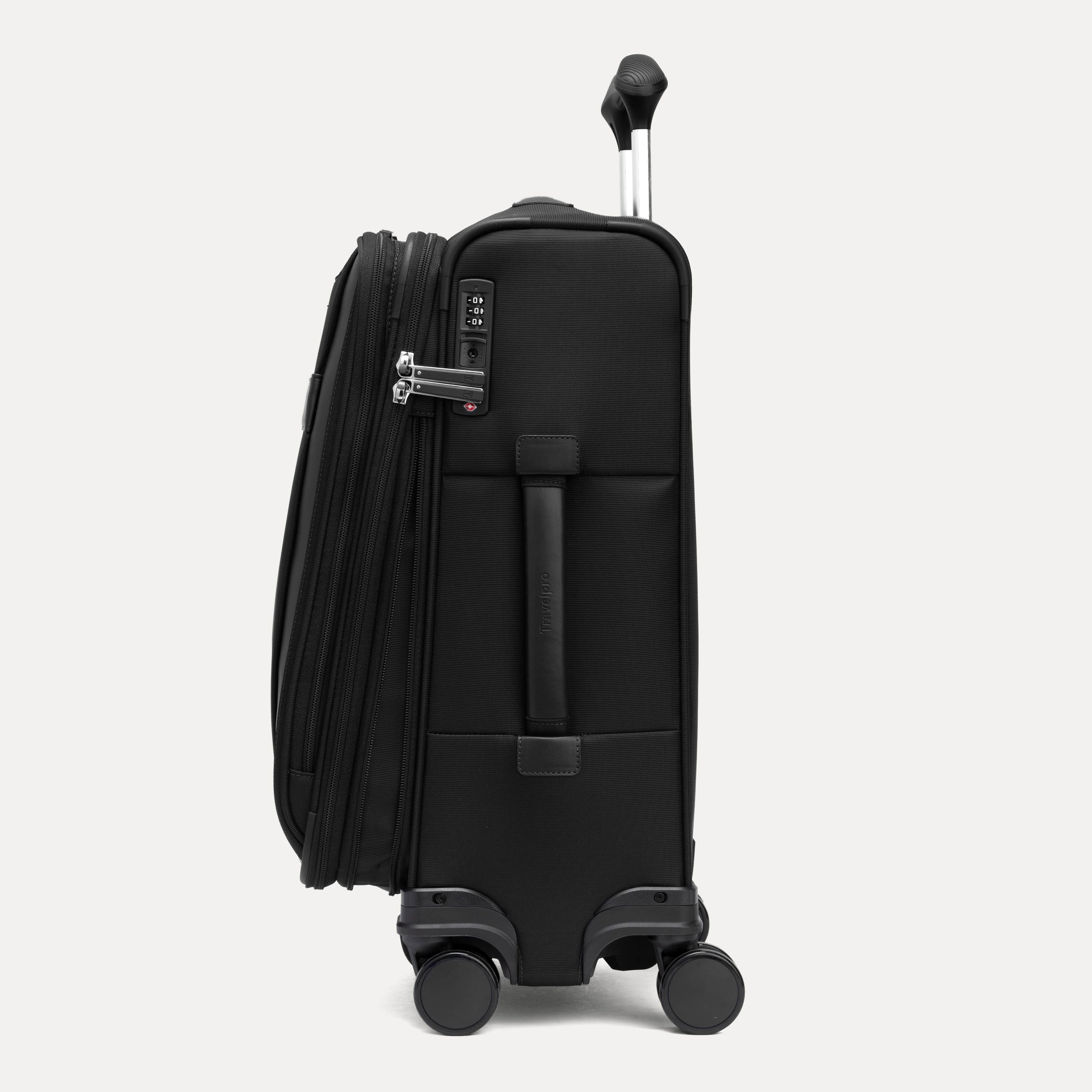 Side view of the Travelpro Versapack Expandable Spinner in Black, featuring a TSA Approved Lock and Low-Profile Side Carry Handle.
