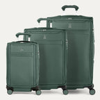 A set of three green VersaPack+ expandable spinner suitcases, including a carry-on size, a medium check-in size, and a large check-in size, displayed with their handles extended in  Desert Sage Green.