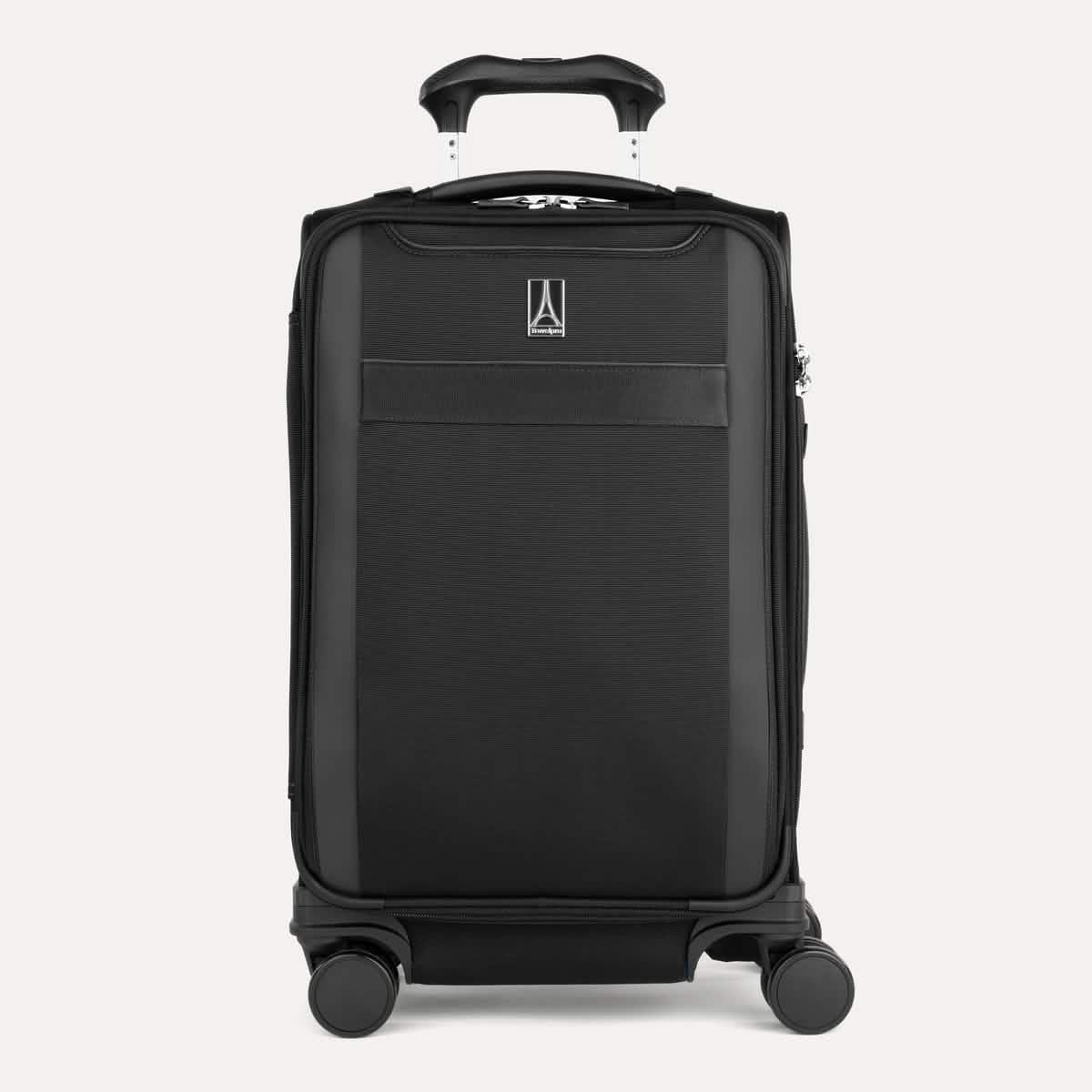 Front view of Travelpro Versapack+ Compact Carry-On in Black, featuring a PowerScope Extension Handle.