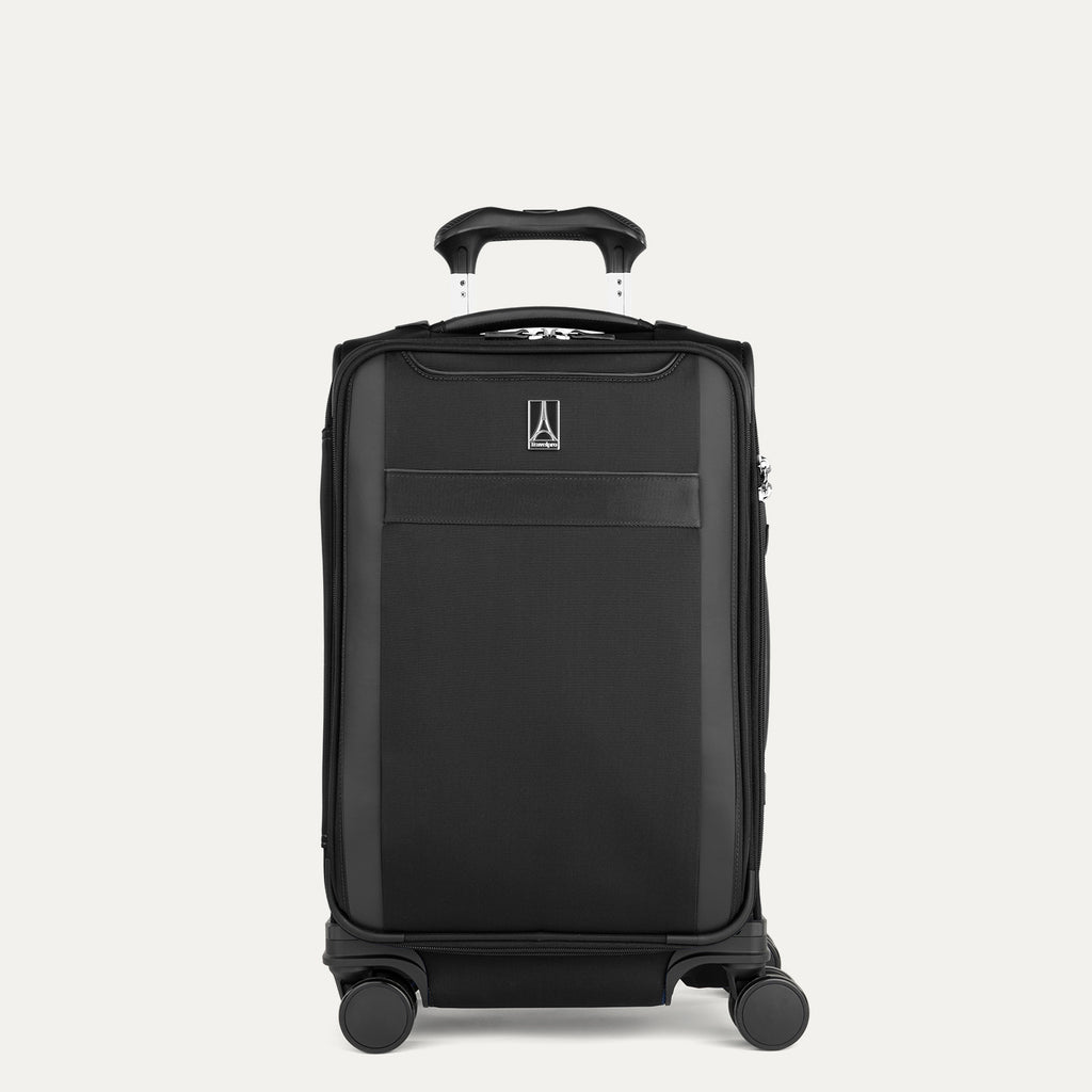Front view of Travelpro Versapack+ Compact Carry-On in Black, featuring a PowerScope Extension Handle.