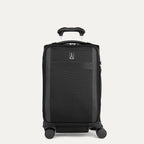 Front view of Travelpro Versapack+ Compact Carry-On in Black, featuring a PowerScope Extension Handle.