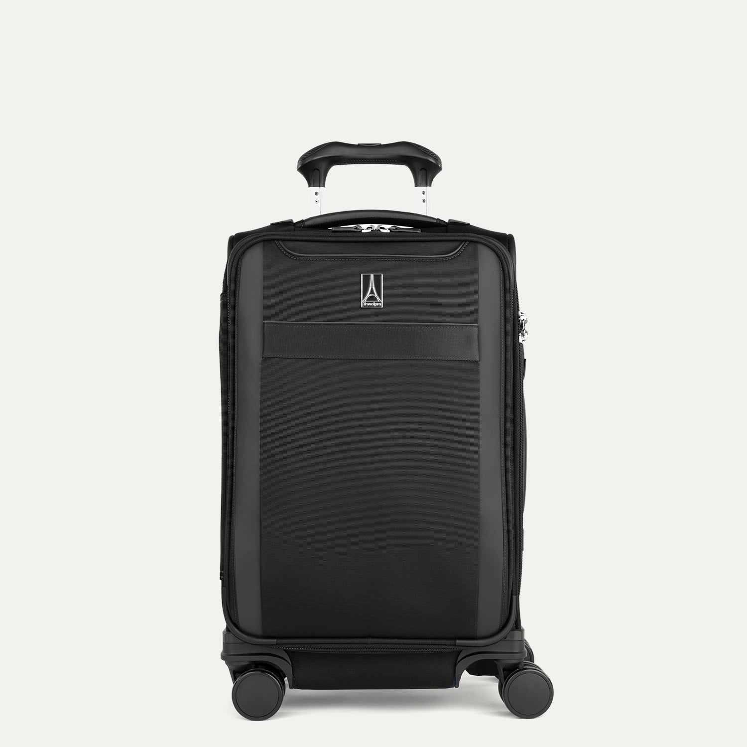 Front view of Travelpro Versapack+ Compact Carry-On in Black, featuring a PowerScope Extension Handle.