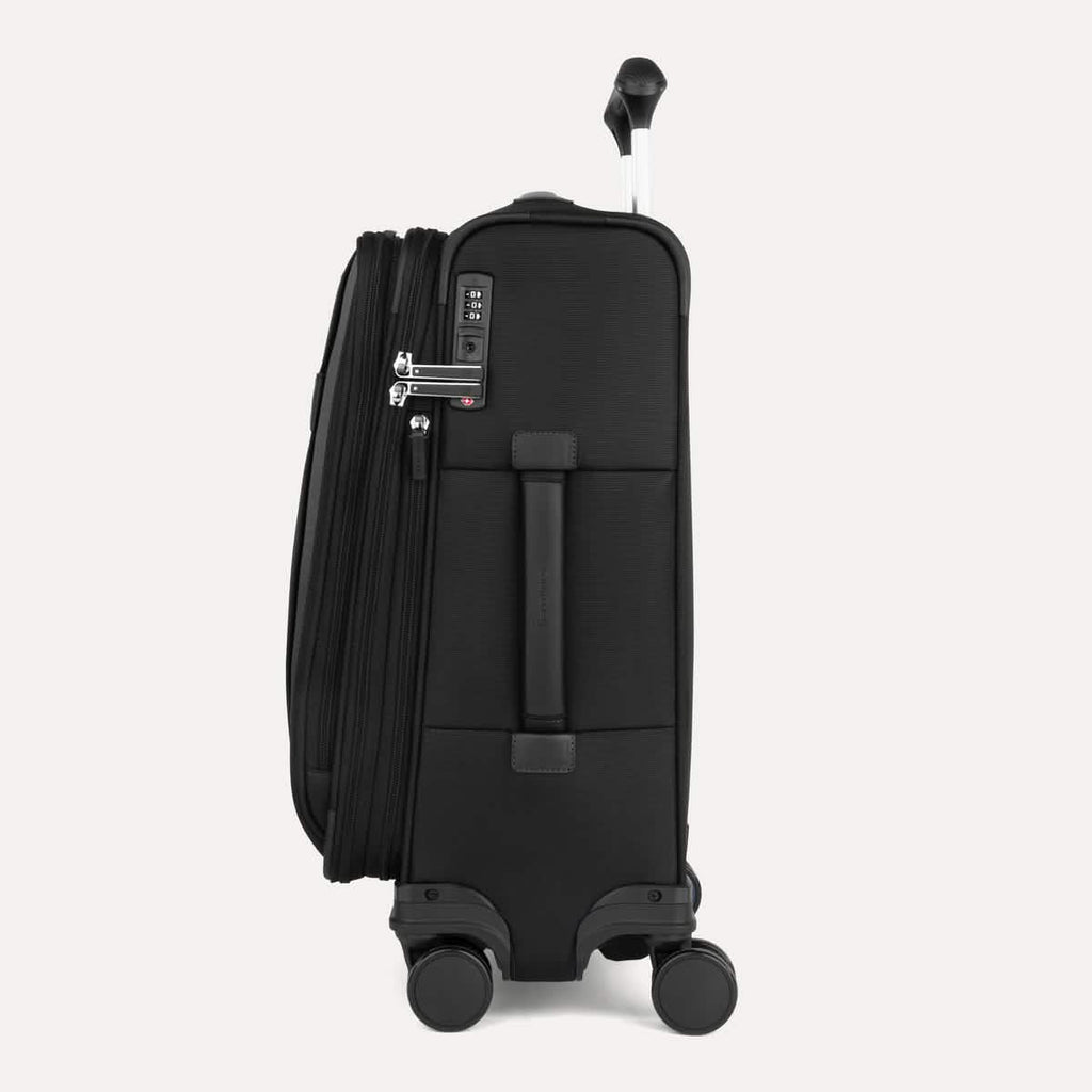 Side view of Travelpro Versapack+ Carry-On in Black, showing a PowerScope Extension Handle and TSA Approved Locks.
