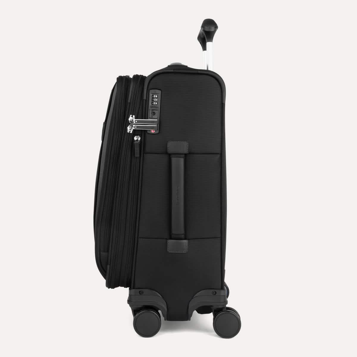 Side view of Travelpro Versapack+ Carry-On in Black, showing a PowerScope Extension Handle and TSA Approved Locks.
