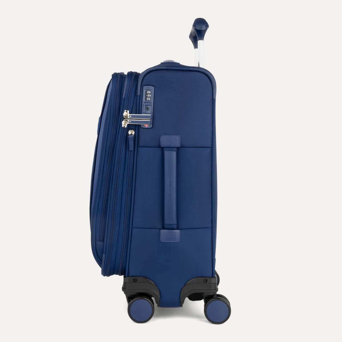 Side view of Travelpro Versapack+ Carry-On in Estate Blue, showing a PowerScope Extension Handle and TSA Approved Locks.
