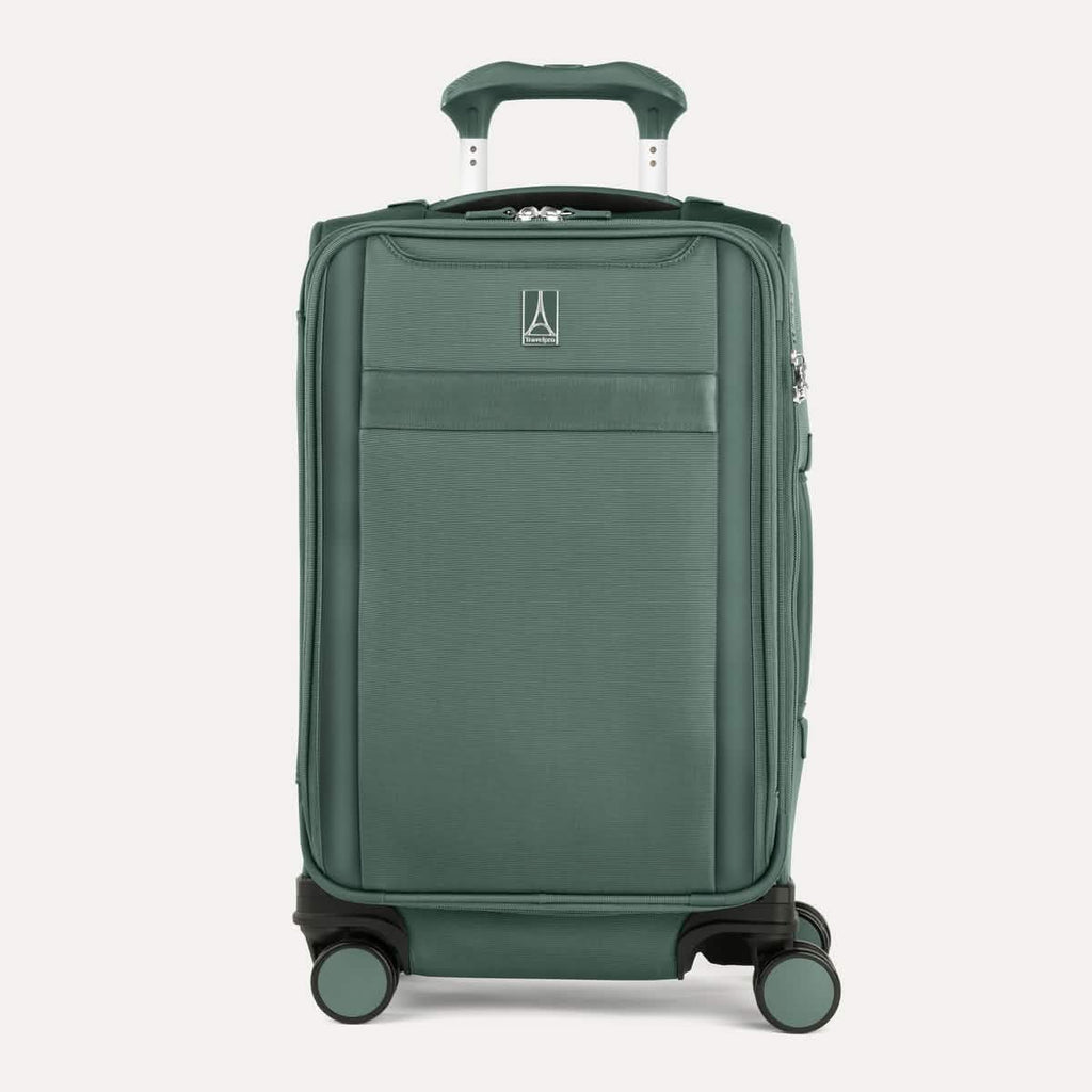 Front view of Travelpro Versapack+  Carry-On in Desert Sage Green, featuring a PowerScope Extension Handle.