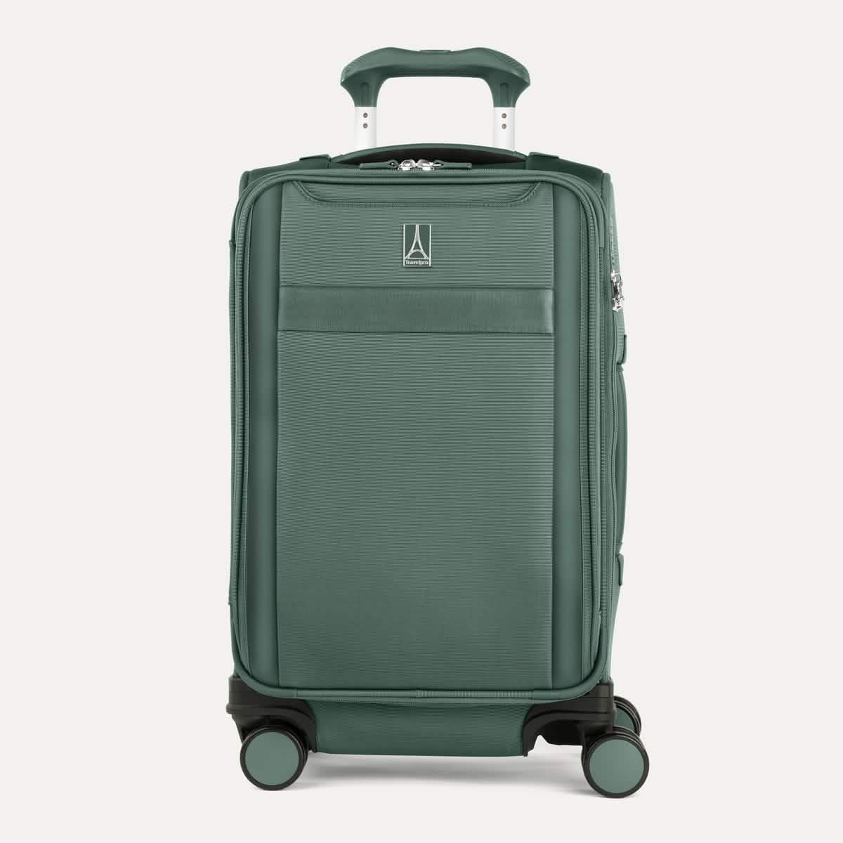 Front view of Travelpro Versapack+  Carry-On in Desert Sage Green, featuring a PowerScope Extension Handle.