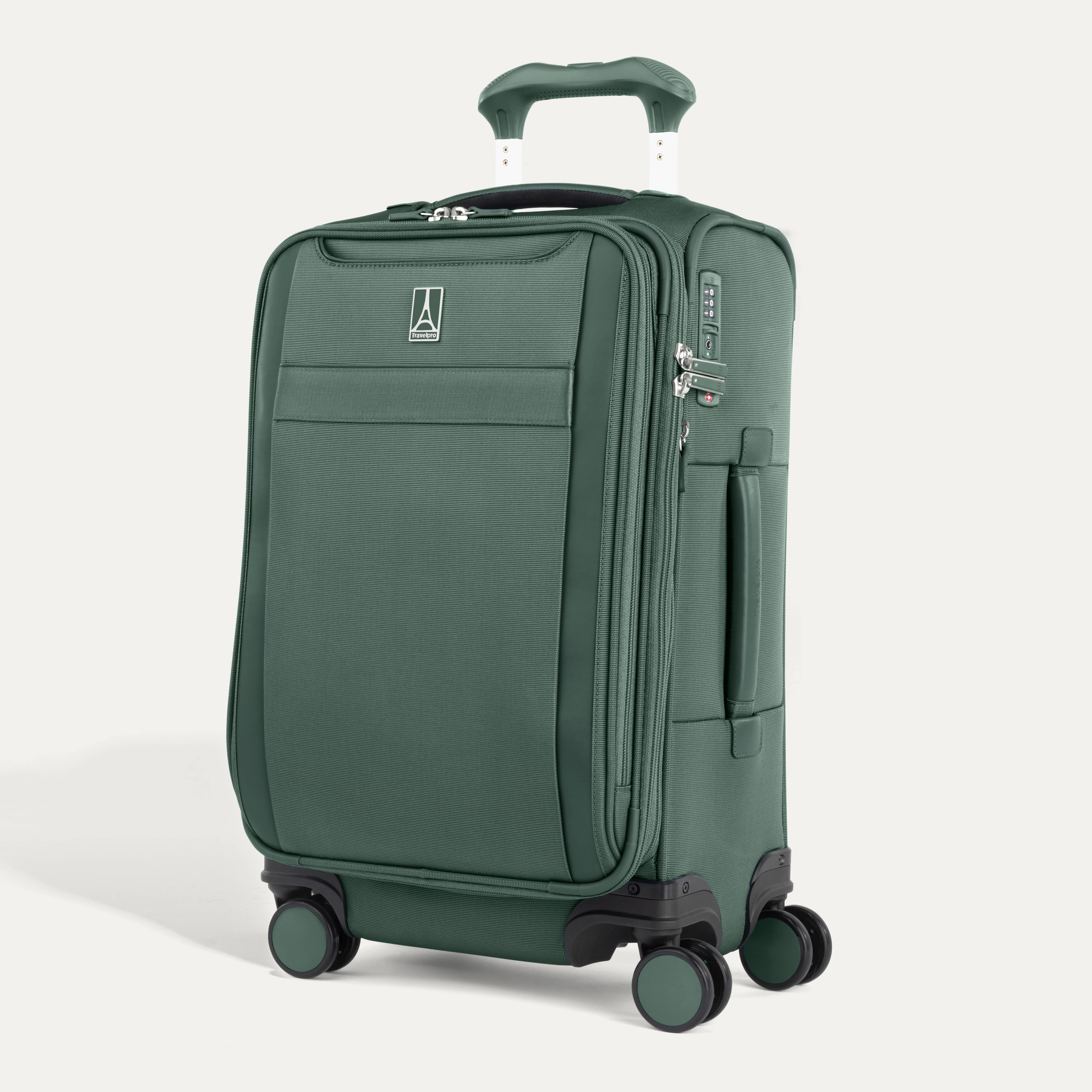 Front of VersaPack+ Soft Sided Carry-On Spinner with Pockets and Organizer in Green