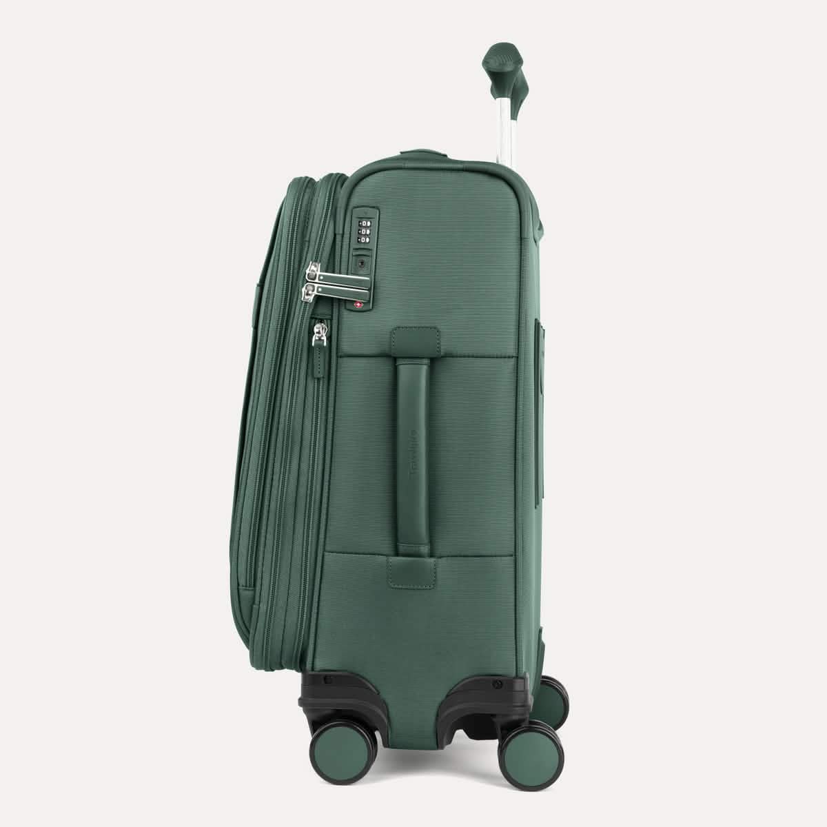 Side view of Travelpro Versapack+ Carry-On in Desert Sage Green, showing a PowerScope Extension Handle and TSA Approved Locks.
