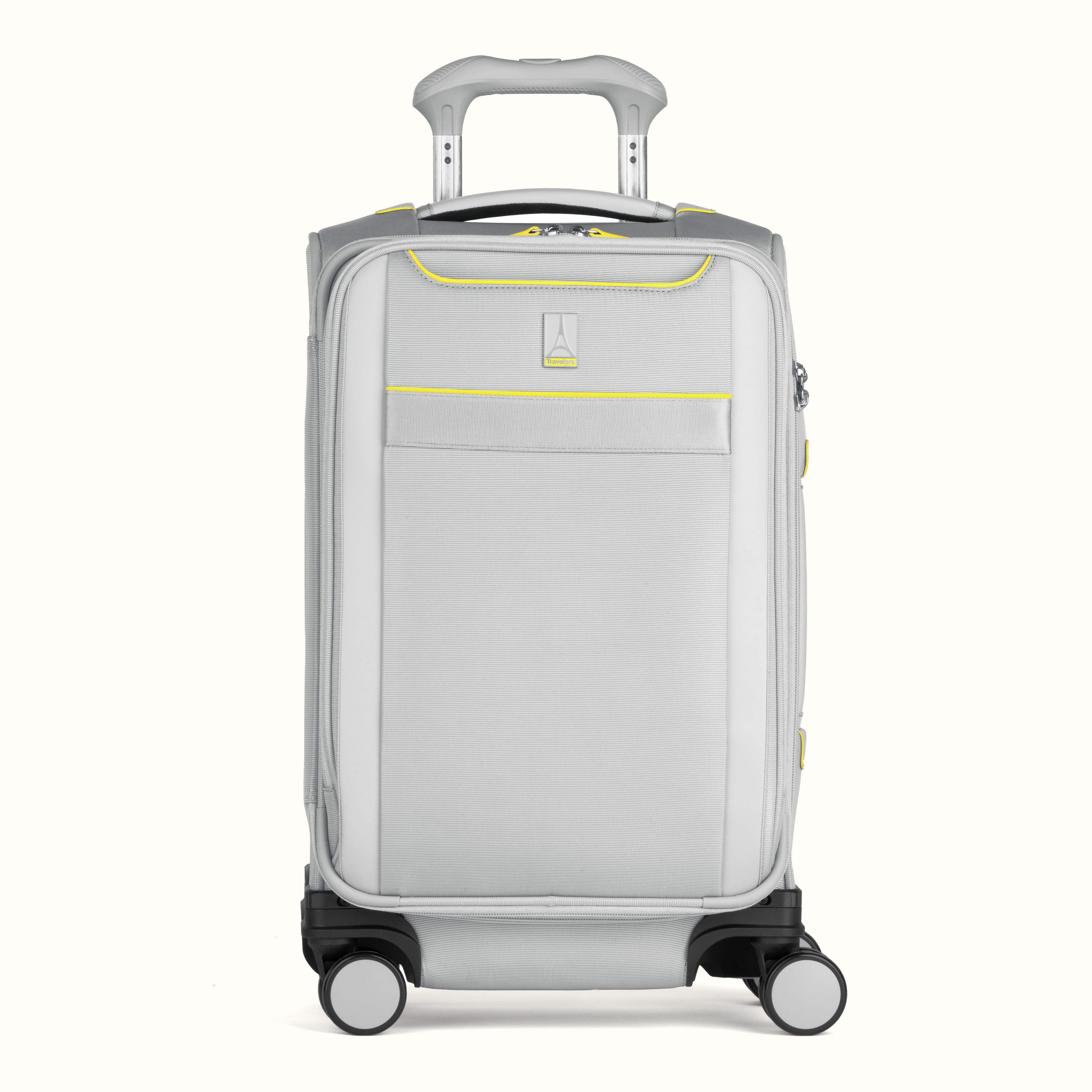 Front view of Travelpro Versapack+  Carry-On in Desert Sage Green, featuring a PowerScope Extension Handle.