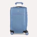Front view of Travelpro Versapack+  Carry-On in Elemental Blue, featuring a PowerScope Extension Handle and 360° Spinner Wheels.
