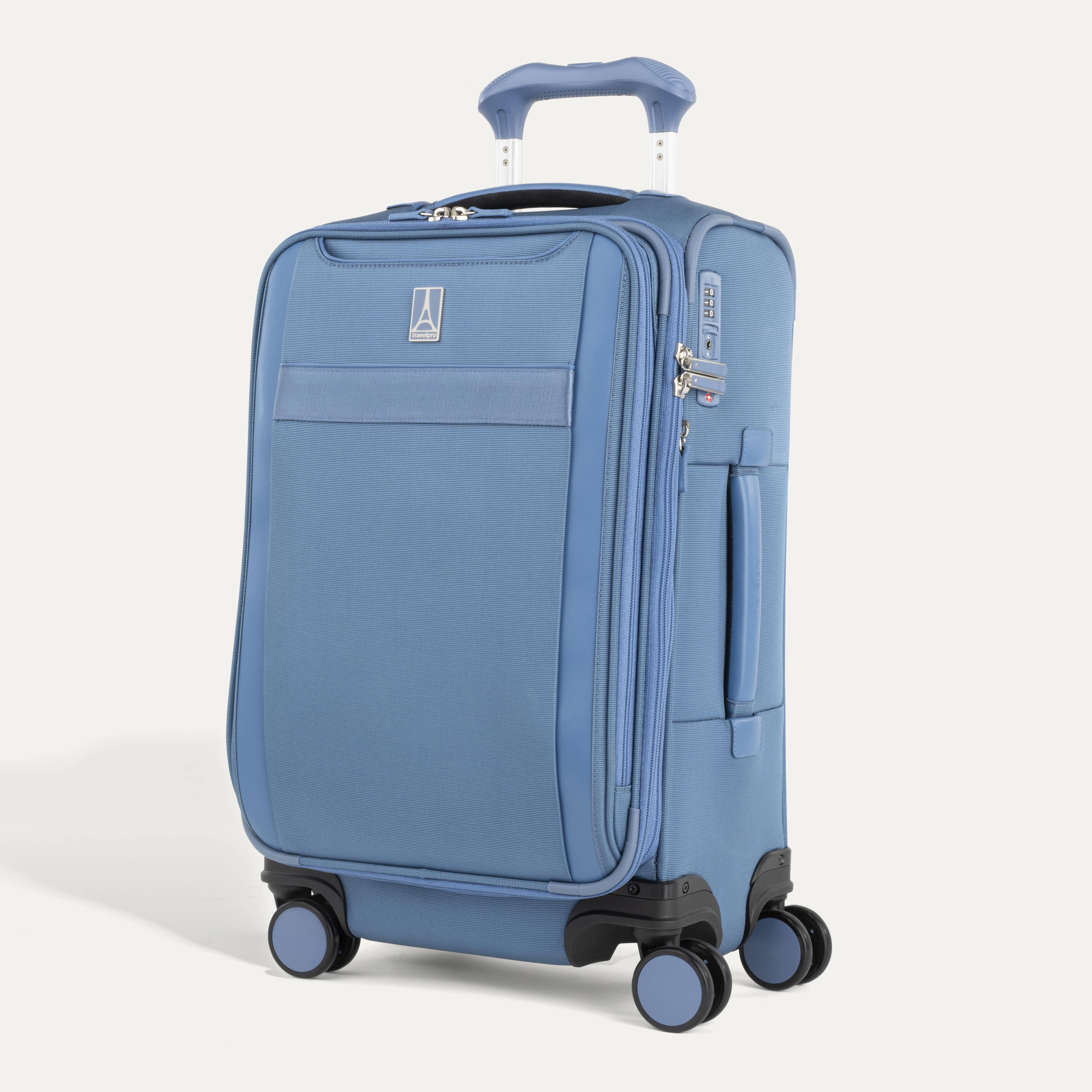 Front of VersaPack+ Soft Sided Carry-On Spinner with Pockets and Organizer in Baby Blue