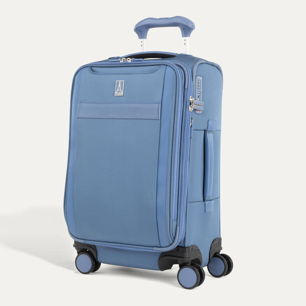 Front of VersaPack+ Soft Sided Carry-On Spinner with Pockets and Organizer in Baby Blue