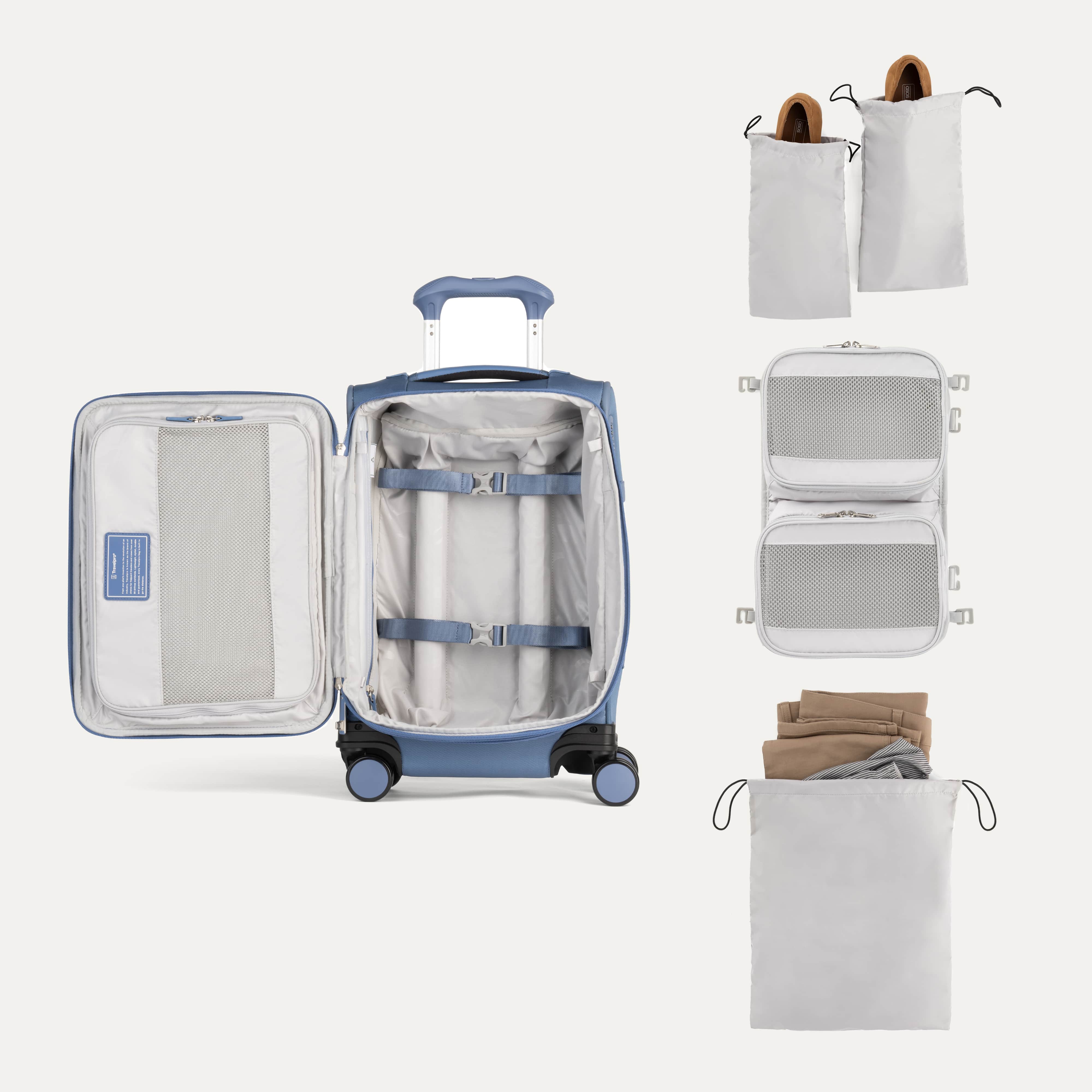 Interior of Baby Blue VersaPack+ Carry-On Spinner with Removable Compression Organizers, Travel Shoe Bags, and Laundry Bag