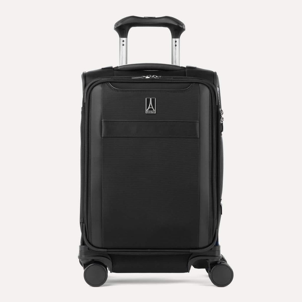 Front view of Travelpro Versapack+ Compact Carry-On Spinner in Black, featuring front document pocket, 360° Spinner Wheels, and low-profile top carry handle.
