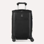 Front view of Travelpro Versapack+ Compact Carry-On Spinner in Black, featuring front document pocket, 360° Spinner Wheels, and low-profile top carry handle.
