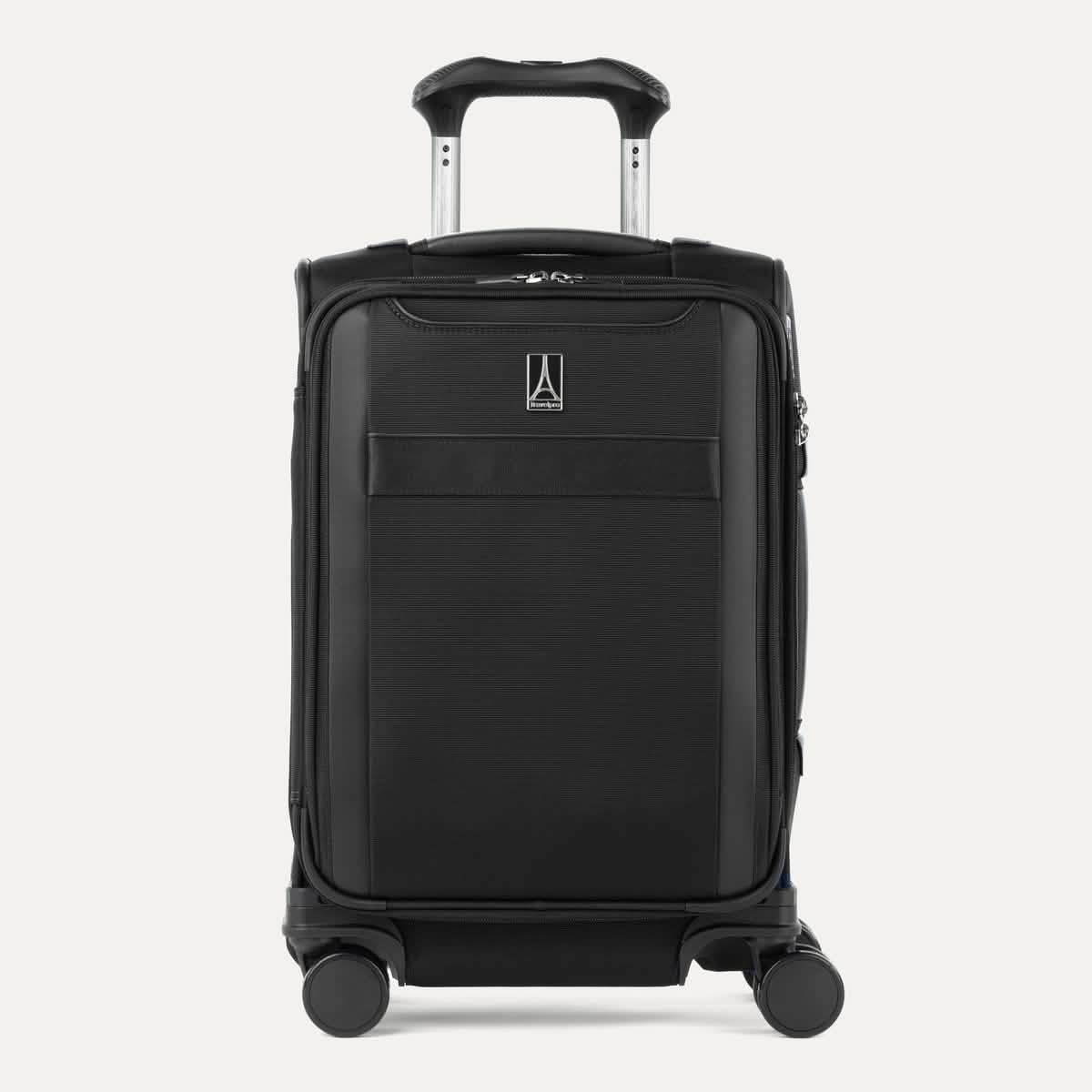 Front view of Travelpro Versapack+ Compact Carry-On Spinner in Black, featuring front document pocket, 360° Spinner Wheels, and low-profile top carry handle.
