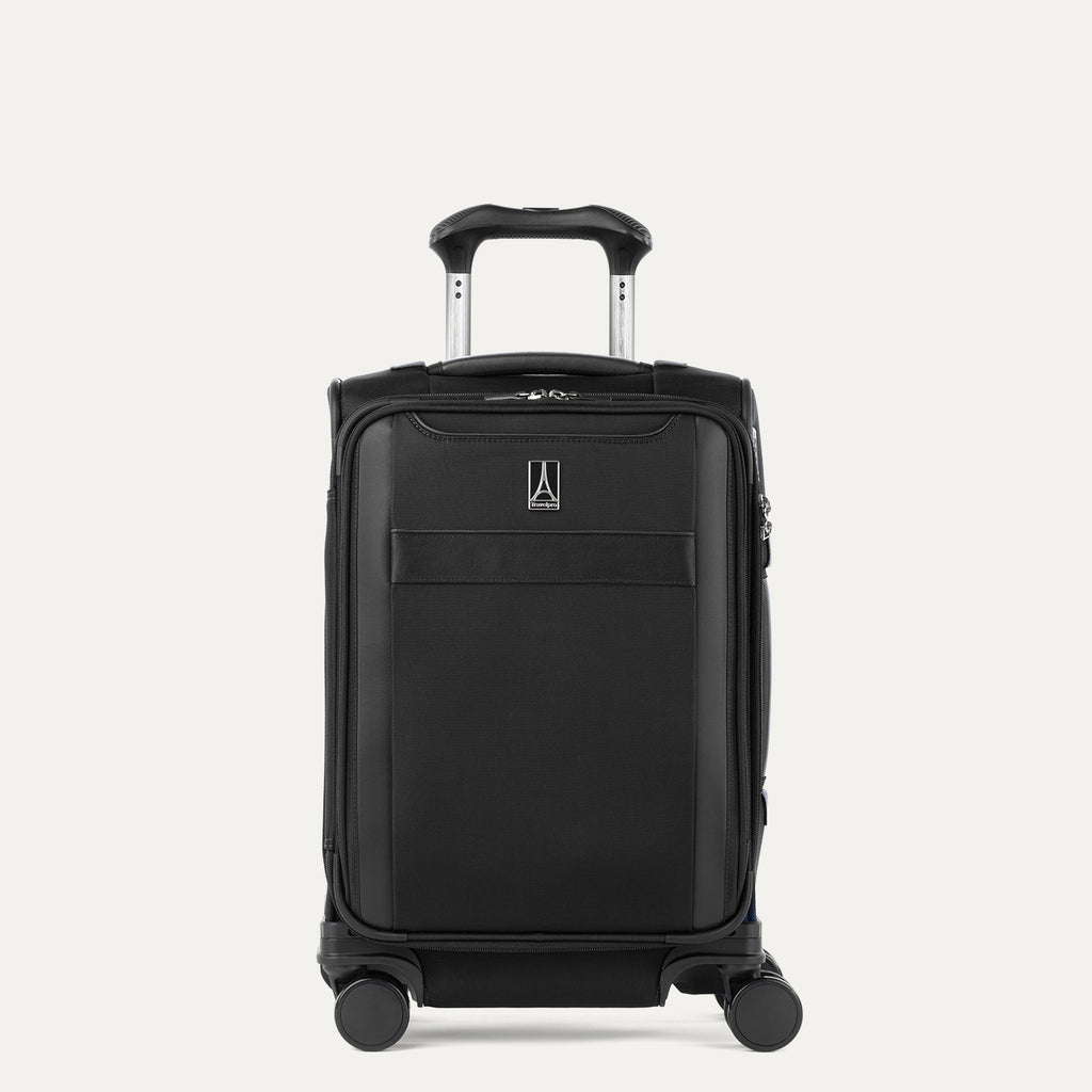 Front view of Travelpro Versapack+ Compact Carry-On Spinner in Black, featuring front document pocket, 360° Spinner Wheels, and low-profile top carry handle.