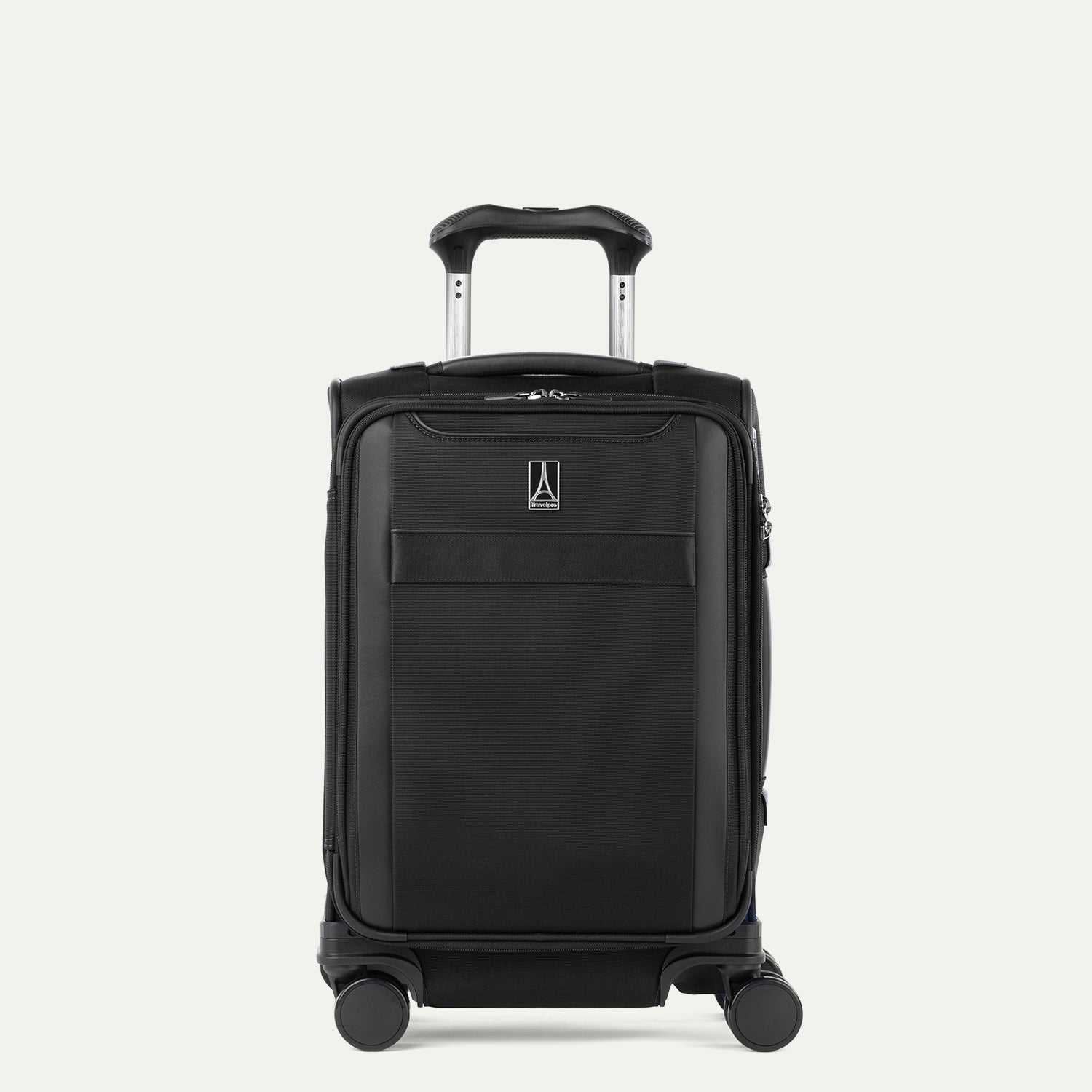 Front view of Travelpro Versapack+ Compact Carry-On Spinner in Black, featuring front document pocket, 360° Spinner Wheels, and low-profile top carry handle.