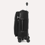 Side view of Travelpro VersaPack®+ Compact Carry-On Spinner in Black, featuring an expandable zipper, TSA-approved lock, and padded side carry handle with extended handle.