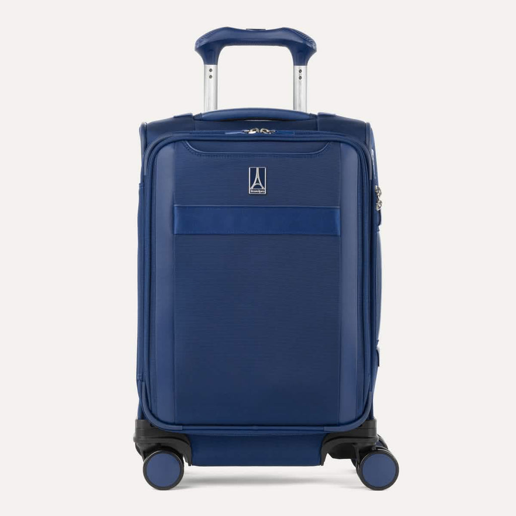 Front view of Travelpro Versapack+ Compact Carry-On Spinner in Estate Blue, featuring front document pocket and 360° Spinner Wheels.