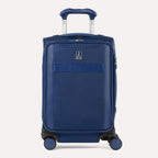 Front view of Travelpro Versapack+ Compact Carry-On Spinner in Estate Blue, featuring front document pocket and 360° Spinner Wheels.