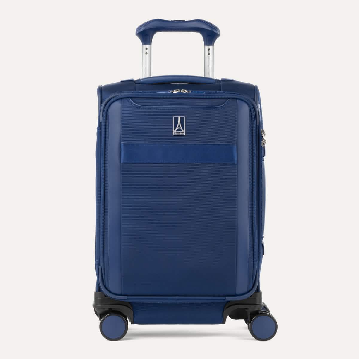 Front view of Travelpro Versapack+ Compact Carry-On Spinner in Estate Blue, featuring front document pocket and 360° Spinner Wheels.