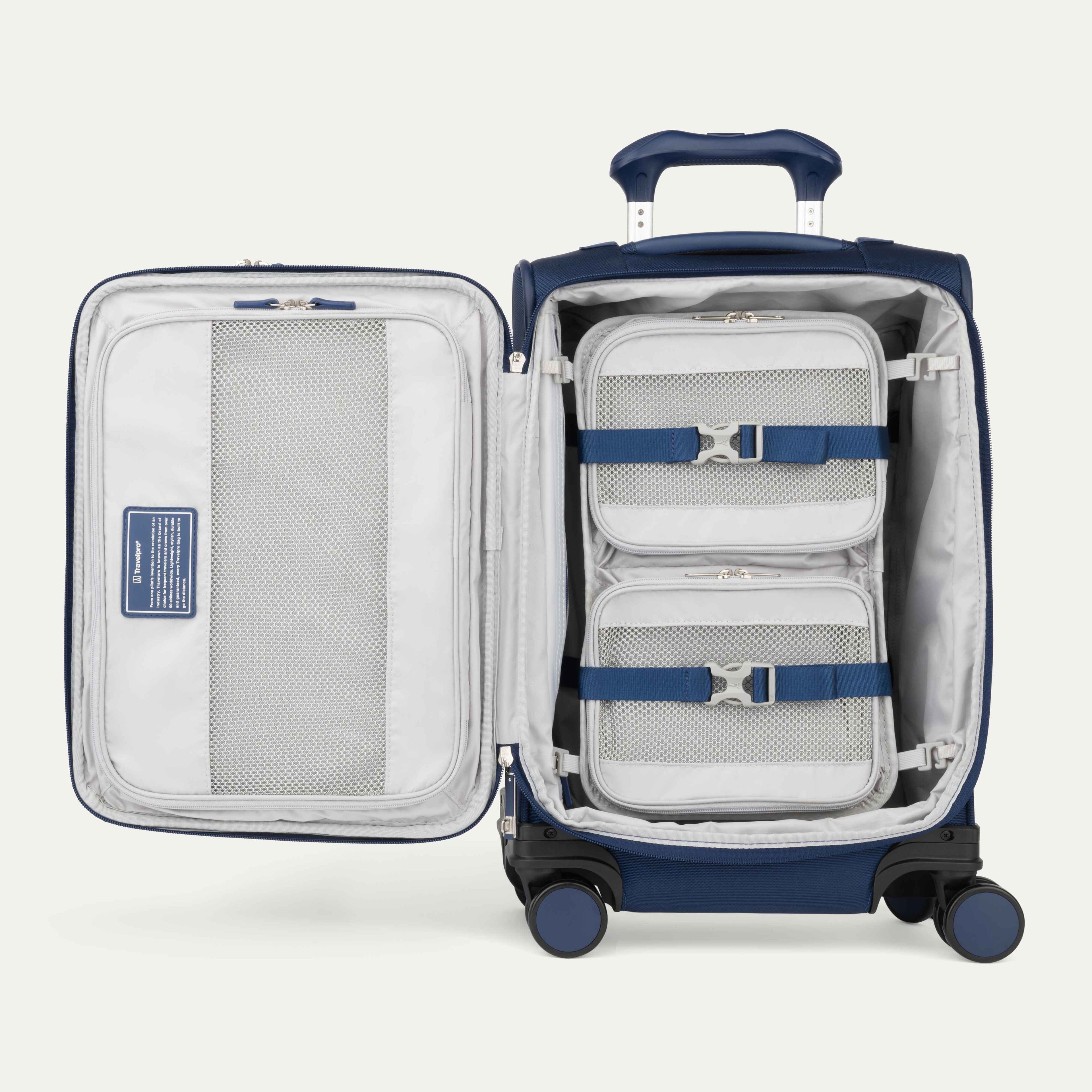 Interior of Blue VersaPack+ Soft Sided Compact Small Carry-On Spinner with Compression Organizer