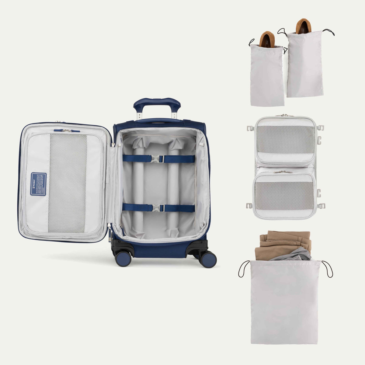 Interior of Blue VersaPack+ Soft Sided Compact Small Carry-On Spinner with Removable Organizer and Travel Laundry Bag