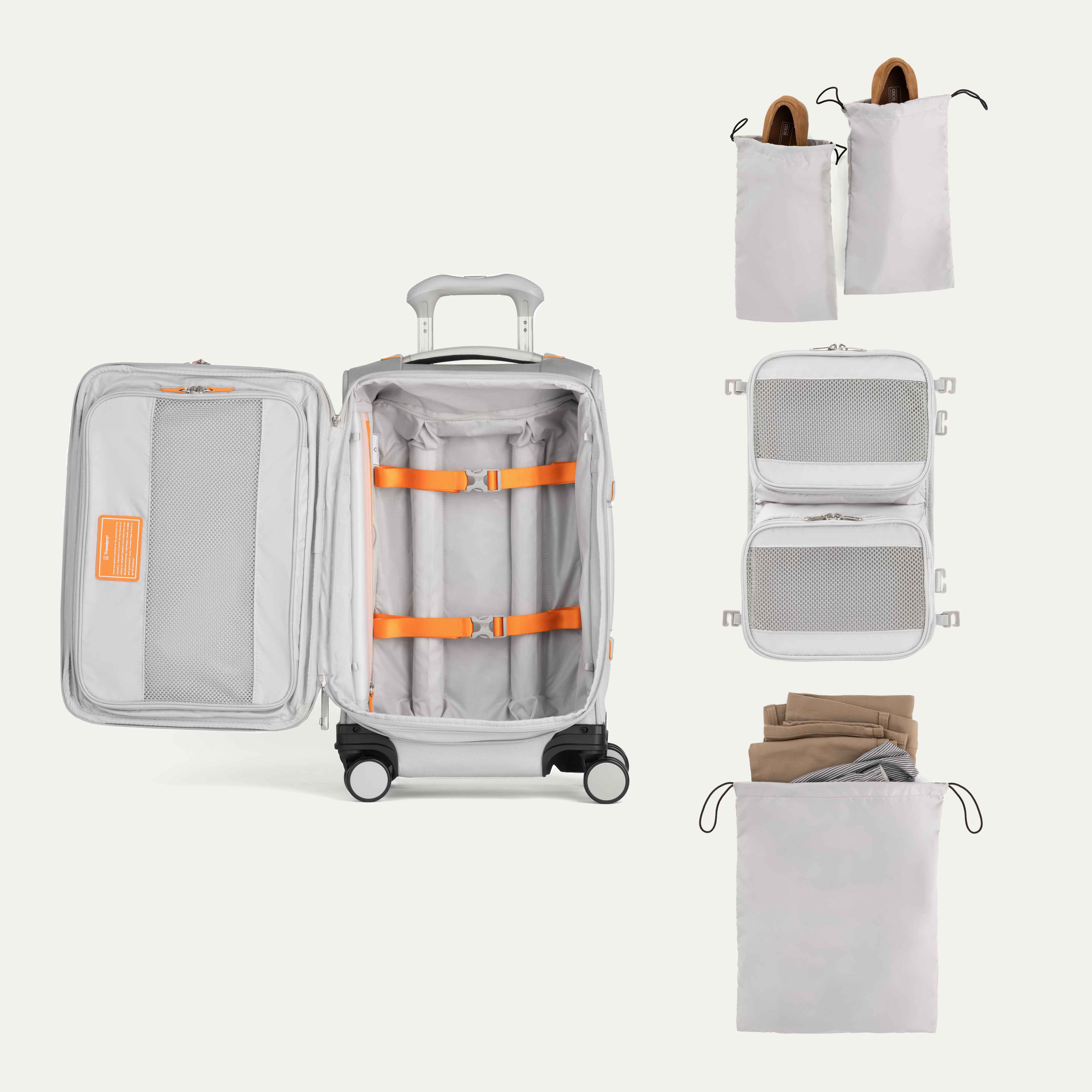 Interior of Silver VersaPack+ Soft Sided Compact Small Carry-On Spinner with Removable Organizer and Travel Laundry Bag